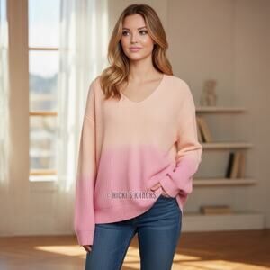John + Jenn Pink Dip Dye Solana V-Neck Pullover Relaxed Fit Sweater Size M